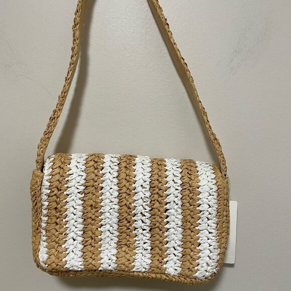 NWT Anthropologie striped Raffia Shoulder Bag In Beige small - Picture 7 of 7